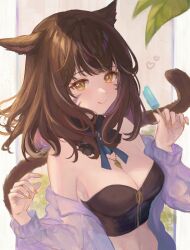  :q animal_ears bare_shoulders breasts brown_hair bustier cat_ears cat_girl cat_tail cleavage detached_collar facial_mark female final_fantasy final_fantasy_xiv food highres holding holding_food holding_popsicle jacket jacket_partially_removed jewelry looking_at_viewer medium_breasts medium_hair midriff miqo&#039;te necklace noyuri_(noyuriin) open_clothes open_jacket popsicle purple_jacket solo tail tongue tongue_out warrior_of_light_(ff14) whisker_markings yellow_eyes 