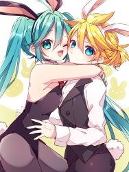  1boy animal_ears blonde_hair blue_eyes blue_hair female hatsune_miku highres kagamine_len kaho_0102 leotard one_eye_closed pantyhose playboy_bunny rabbit_ears rabbit_tail short_ponytail tail twintails vest vocaloid 