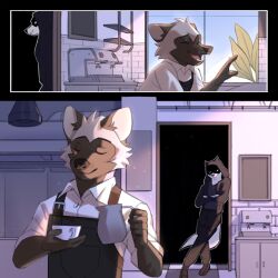  1:1 2024 anthro apron arctic_fox biped black_apron black_body black_clothing black_fur black_hoodie black_topwear cafe canid canine clothing duo fox fur hi_res hoodie male mammal novumave platinum_fox red_fox slim_anthro slim_male topwear true_fox waiter white_body white_fur 