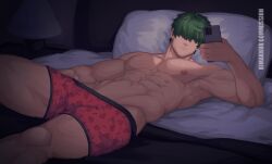  1boy abs absurdres armpits bara boxer_briefs cellphone commission english_commentary fire_emblem fire_emblem:_the_blazing_blade green_hair hair_over_eyes highres holding holding_phone kimakkun large_pectorals lowen_(fire_emblem) lying male_focus male_underwear muscular muscular_male navel nipples on_back on_bed pectorals phone pillow smartphone solo thighs topless_male underwear underwear_only 