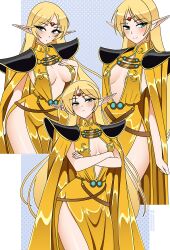  absurdres alternate_costume armor blonde_hair blue_background blush border breasts cape center_opening cloak closed_mouth cropped_legs crossed_arms deedlit elf fantasy female gold_cape gold_dress green_eyes highres large_breasts long_hair multiple_views nico-neko pointy_ears polka_dot polka_dot_background record_of_lodoss_war shoulder_armor smile twitter_username white_border 