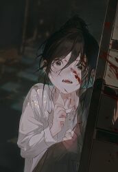  black_eyes black_hair blood blood_on_face blood_splatter fangs female hair_bun hallway highres horror_(theme) lolicon looking_at_viewer open_mouth original pov scared shadow shouji sliding_doors solo upper_body weizhidaodao wide-eyed 