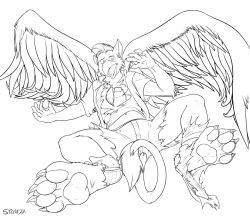  2022 4_toes 5_fingers anthro avian avian_wings beak big_feet bottomwear chest_tuft claw_growth claws clothed clothing destroyed_clothing digitigrade egg eyewear feathered_wings feathers feet finger_claws fingers fur fur_growth glasses growth gryphon head_tuft holding_egg holding_object human human_to_anthro line_art male mammal mid_transformation monochrome mythological_avian mythological_creature mythology open_clothing open_shirt open_topwear overshirt pawpads paws shirt shocked signature simple_background sitting solo species_transformation stickmanwww surprised tail tail_tuft tight_clothing toe_claws toes tongue topwear torn_bottomwear torn_clothing torn_shirt torn_shoes torn_topwear transformation tuft white_background wide_eyed wings 