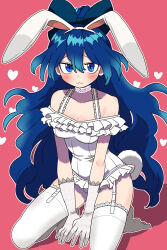  animal_ear_hairband animal_ears arms_between_legs blue_bow blue_eyes blue_hair blush bollzzalguy bow breasts choker cleavage elbow_gloves fake_animal_ears fake_tail female frilled_leotard frills garter_belt gloves hairband hairbow hashtag-only_commentary heart highres lace lace_choker leotard long_hair looking_at_viewer medium_breasts rabbit_ears rabbit_tail red_background seiza simple_background sitting solo tail thighhighs touhou very_long_hair wavy_mouth white_gloves white_hairband white_leotard white_thighhighs yorigami_shion 