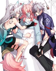  2boys alkalilyy animal_ears aqua_hair back_tattoo backless_outfit bandaged_arm bandages bed_sheet black_shorts blue_jacket blue_shirt breasts closed_eyes feixiao_(honkai:_star_rail) female fox_ears fox_tail gauze gradient_hair grey_hair highres honkai:_star_rail honkai_(series) hospital_gown hug jacket jiaoqiu_(honkai:_star_rail) long_hair lying medium_breasts moze_(honkai:_star_rail) multicolored_hair multiple_boys on_side parted_bangs parted_lips pillow pink_hair ponytail shirt shorts simple_background tail tattoo very_long_hair white_background white_hair 