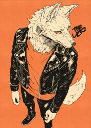  2024 absurd_res anthro athletic athletic_anthro athletic_male biped black_clothing black_jacket black_topwear bottomwear canid canine canis clothing fur hi_res jacket leather leather_bottomwear leather_clothing leather_jacket leather_pants leather_topwear looking_at_viewer male mammal orange_clothing orange_eyes orange_shirt orange_topwear pants shirt solo standing tomotiso2k topwear white_body white_fur wolf 