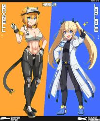  2girls :d armband bandaid bandaid_on_cheek bandaid_on_face bare_shoulders black_bodysuit black_choker black_gloves black_pants blonde_hair blue_background blue_eyes blue_footwear bodysuit breasts character_name choker cleavage coat collarbone commentary_request dated earpiece full_body fur-trimmed_coat fur_trim gloves goddess_of_victory:_nikke hair_between_eyes hand_on_own_hip hand_up headgear highres laplace_(nikke) large_breasts long_hair long_sleeves looking_at_viewer maxwell_(nikke) mechanical_tail medium_breasts midriff multiple_girls navel oerba_yun_fang open_clothes open_coat open_mouth pants pixel_art shoes short_hair short_hair_with_long_locks sidelocks smile sparkle sports_bra standing sugiyamasama tail twintails two-tone_background v visor_cap white_coat white_gloves white_sports_bra yellow_armband yellow_background 