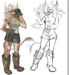  anthro big_breasts blep boots bottomwear bovid bovine breasts buffy_(rockthecoon) cigarette clothing cowboy_boots female footwear gloves hair hair_over_eye handwear looking_at_viewer mammal rockthecoon shoes shorts smile smiling_at_viewer smoking socks solo tongue tongue_out yak 