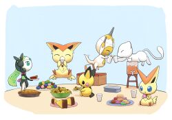  basket blue_sclera bowl cheers closed_eyes container cup drinking food food_bowl generation_1_pokemon generation_2_pokemon generation_5_pokemon generation_7_pokemon hi_res legendary_pokemon meatball meloetta mew_(pokemon) nintendo outline pasta pastry pet_bowl pichu picnic picnic_basket pie poipole pokemon pokemon_(species) selphy6 spaghetti spaghetti_and_meatballs ultra_beast victini 