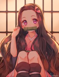  absurdres bamboo bit_gag black_hair brown_hair female forehead gag gagged gradient_hair hair_ribbon haori highres japanese_clothes kamado_nezuko kimetsu_no_yaiba kimono long_hair long_sleeves multicolored_hair pink_eyes pink_kimono pink_nails pink_ribbon ribbon solo tsukiaki_teriyaki very_long_hair 