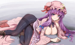  black_pantyhose blue_bow boots bow breasts brown_footwear cleavage cleavage_cutout clothing_cutout crescent crescent_hat_ornament dress female gradient_background hairbow hat hat_ornament highres long_hair looking_at_viewer medium_breasts mob_cap namiki_(remiter00) open_mouth pantyhose patchouli_knowledge purple_eyes purple_hair red_bow ribbon solo striped_clothes touhou 