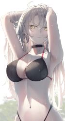  absurdres armpits arms_behind_head arms_up bare_shoulders bikini black_bikini blush breasts choker cleavage closed_mouth fate/grand_order fate_(series) female grey_hair highleg highleg_bikini highres jeanne_d&#039;arc_alter_(avenger)_(fate) jeanne_d&#039;arc_alter_(fate) large_breasts long_hair looking_at_viewer mishiro_(ixtlolton) navel solo stomach swimsuit very_long_hair wet yellow_eyes 