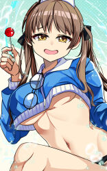  :d black_ribbon blue_archive blue_jacket breasts brown_hair candy commentary_request crop_top female food glasses hair_ribbon hand_up highres holding holding_candy holding_food holding_lollipop jacket lollipop long_hair long_sleeves looking_at_viewer midriff moe_(blue_archive) navel open_mouth ribbon smile solo stomach twintails underboob unworn_eyewear yasume_yukito yellow_eyes 