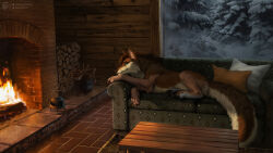  canid canine canis cottage domestic_dog feral fire fireplace furniture hair hi_res hybrid male mammal mythological_canine mythological_creature mythology pillow plant snow sofa solo table tail techiesxc tree warm were werecanid werecanine werewolf wood wooden_house 