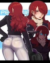  absurdres ass ass_focus breasts female from_behind gun gun_to_head hair_over_one_eye handgun highres holding holding_gun holding_weapon jsq012 kirijou_mitsuru long_hair open_mouth pants pantylines parted_lips persona persona_3 red_eyes red_hair tight_clothes tight_pants weapon 