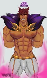  1boy abs absurdres animal_ears arm_behind_back artist_name bara biceps bulge cat_ears collar english_text extra_ears feet_out_of_frame fur_collar highres large_pectorals league_of_legends male_focus manly mature_male muscular muscular_male nipples pants pectorals red_hair scar sett_(league_of_legends) signature simple_background smoke solo spiked_hair spiral teeth thick_arms thick_eyebrows thick_thighs thighs tight_clothes tight_pants vakkoq veins white_background yellow_eyes 