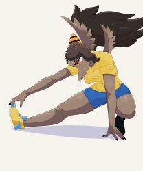  2024 absurd_res amber_eyes anthro athletic athletic_anthro athletic_female athletic_wear biped blue_bottomwear blue_clothing blue_shorts bodily_fluids bone_frill bottomwear breasts breath brown_body brown_feathers brown_hair brown_scales claws clothed clothing colored crouching dokaebe eyebrows feathered_wings feathers female fingers footwear frill_(anatomy) front_view goodbye_volcano_high gym_bottomwear gym_shorts hair head_down hi_res humanoid_hands looking_down markings medium_hair mtf_crossgender naser_(gvh) nasera non-mammal_breasts prehistoric_species pterodactylus pterosaur reptile rule_63 scales scalie shaded shadow shirt shoes shorts simple_background solo stretching striped_markings stripes sweat topwear white_background wings yellow_clothing yellow_shirt yellow_topwear 