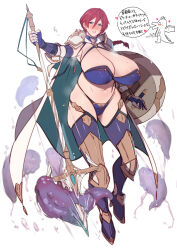  armor armored_boots bikini_armor blush boots braid breasts cape covered_nipples gauntlets green_eyes highres huge_breasts lipstick long_hair makeup mature_female miga_(migao) original polearm red_hair shield shoulder_armor single_braid spear suki_na_souzai_happyou_dragon_(utau) weapon white_background 