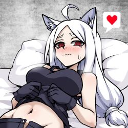  ahoge animal_ear_fluff animal_ears aroused bare_shoulders black_gloves black_pants black_tank_top blush breasts cerberus_(helltaker) closed_mouth clothes_lift commentary dog_ears dog_girl embarrassed eyelashes female fujita_yoshinobu_(ksk_oda) gloves hand_on_another&#039;s_back heart helltaker highres indoors lifting_own_clothes long_hair looking_at_viewer low_ponytail lying medium_breasts midriff naughty_face navel nervous nose_blush on_back on_bed open_fly open_pants pants pillow raised_eyebrows red_eyes ringed_eyes scrunchie shirt_lift slit_pupils solo speech_bubble split_bangs spoken_heart sweatdrop tank_top thick_eyebrows upper_body very_long_hair wavy_mouth white_hair white_scrunchie 