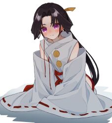  1boy black_hair blush closed_mouth clothing_cutout curtained_hair furisode_sleeves furrowed_brow groin hakama hip_vent houjou_tokiyuki_(nige_jouzu_no_wakagimi) japanese_clothes kariginu long_hair long_sleeves looking_at_viewer male_focus motoyui nige_jouzu_no_wakagimi nose_blush para_hu01 parted_bangs ponytail purple_eyes red_hakama red_ribbon red_sash ribbon ribbon-trimmed_sleeves ribbon_trim sash shade shadow shoulder_cutout sidelocks_tied_back simple_background sitting sleeves_past_fingers sleeves_past_wrists solo sweat untied_ribbon very_long_hair white_background wide_sleeves 