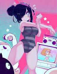  aria_wintermint bare_arms bare_legs bare_shoulders blush breasts closed_mouth commentary covered_nipples crt dumbbell exercising female flying_sweatdrops green_eyes grey_leotard hair_bun halftone halftone_background leotard medium_breasts monster parororo radio single_hair_bun solo split_mouth standing striped_clothes striped_leotard the_crawling_city trembling 