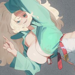  belt blonde_hair blue_eyes blue_shirt breasts collared_shirt dog_tags female hand_in_own_hair high-waist_pants highres hip_vent huge_breasts long_hair looking_at_viewer lying miami-chan_(ryusei_hashida) on_side open_clothes open_mouth open_shirt original pants pointing red_belt ryusei_hashida shirt smile teeth upper_teeth_only very_long_hair white_pants 