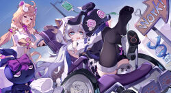  2girls ahoge animal_hood arabian_clothes asc11 bare_shoulders black_thighhighs blue_eyes blue_sky bodysuit cat_hood closed_eyes detached_sleeves dress highres holding holding_stuffed_toy honkai_(series) honkai_impact_3rd hood long_hair meme multiple_girls open_mouth outdoors pointing pointing_forward puffy_short_sleeves puffy_sleeves purple_bodysuit road_sign shoes short_sleeves sign single_shoe sky soles speed_lines stuffed_animal stuffed_toy susannah_manatt susannah_manatt_(valkyrie_quicksand) teri_derp_(meme) theresa_apocalypse theresa_apocalypse_(schicksal&#039;s_imperative) thighhighs thighs toes wheelchair white_dress white_hair white_hood 