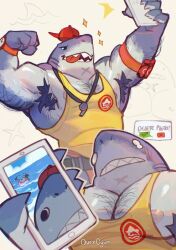  2024 anthro barazoku biceps big_muscles biped body_hair chest_hair countershading duo epic_games fish fortnite grey_body hi_res male marine muscular muscular_anthro muscular_male overcyan pecs safety_first_steve_(fortnite) selfie shark solo_focus white_body white_countershading 