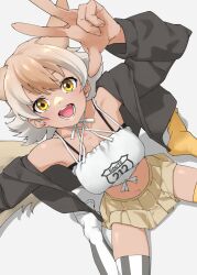  animal_ears black_jacket bra_strap breasts clothes_writing coyote_(kemono_friends) cropped_jacket dutch_angle extra_ears female flipped_hair from_above gradient_hair grey_hair hand_up highres jacket kemono_friends kemono_friends_v_project light_brown_hair looking_at_viewer medium_breasts midriff multicolored_hair navel open_clothes open_jacket pleated_skirt short_hair sitting skirt smile solo striped_clothes striped_thighhighs tail tan tanabe_(fueisei) tank_top thighhighs thighs virtual_youtuber wariza white_background white_hair white_tank_top wolf_ears yellow_eyes yellow_skirt yellow_thighhighs 