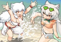  2girls animal_ears arctic_fox_(kemono_friends) arctic_wolf_(kemono_friends) bare_shoulders beach bikini blush bow bowtie bracelet eyewear_on_head fox_ears fox_girl fox_tail frilled_bikini frills green_bikini green_bow green_bowtie grey_hair hair_between_eyes heart heart-shaped_eyewear jewelry kemono_friends kemono_friends_3 long_hair midriff multicolored_hair multiple_girls navel ocean oerba_yun_fang official_alternate_costume one_eye_closed open_mouth orange_bikini orange_eyes red_trim rinx sarong sidelocks sleeveless smile splashing swimsuit tail wading white_bikini white_hair white_sarong wolf_ears wolf_girl wolf_tail wrist_cuffs 