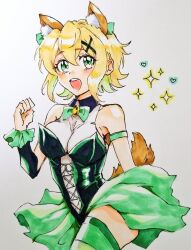  :d akatsuki_kirika animal_ear_fluff animal_ears bare_shoulders blonde_hair blush bow breasts cleavage colored_pencil_(medium) cowboy_shot detached_sleeves dress female foshymooo fox_ears fox_tail frills green_dress green_eyes green_skirt hair_between_eyes hair_ornament leotard looking_at_viewer marker_(medium) medium_breasts open_mouth senki_zesshou_symphogear shiny_clothes short_hair simple_background single_detached_sleeve skirt smile solo strapless striped_clothes striped_thighhighs tail teeth thighhighs traditional_media upper_teeth_only white_background x_hair_ornament 