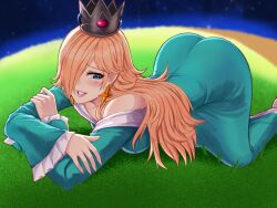  ass blonde_hair blue_eyes blush breasts crown dress earrings female hair_over_one_eye jewelry large_breasts long_hair long_sleeves looking_at_viewer mario_(series) rosalina saiko_(saikoart) smile solo star_(symbol) star_earrings super_mario_galaxy 