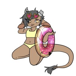  1:1 anthro big_tail bikini biped bovid bovine broken_horn brown_body brown_fur cattle chest_tuft claws clothed clothing digital_media_(artwork) eyewear female flat_chested flotation_device food_print fur glasses grey_hair grey_horn hair heart_glasses hi_res hooves horn inflatable inner_ear_fluff inner_tube kneeling looking_at_viewer mammal manitka manitka_(character) navel orange_eyes simple_background smile solo swimwear tail tuft two-piece_swimsuit white_background yellow_bikini yellow_clothing yellow_swimwear 