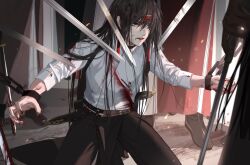  1boy black_eyes black_hair blood cuffs headband injury long_hair male_focus original restrained shackles sword weapon weizhidaodao 