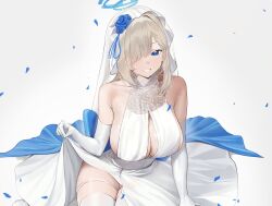  absurdres asuna_(blue_archive) asymmetrical_bangs bare_shoulders blonde_hair blue_archive blue_eyes blue_flower blue_halo blue_petals blue_rose blush breasts bridal_veil cleavage clothes_lift dress elbow_gloves falling_petals female flower gloves hair_over_one_eye halo halter_dress halterneck highres large_breasts not_forever2w open_mouth petals rose sideboob simple_background smile solo thigh_strap thighhighs veil white_background white_dress white_gloves white_thighhighs 