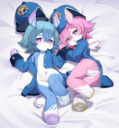  2girls absurdres animal_ears animal_nose bed_sheet blathine_(genshin_impact) blue_fur blue_hair blue_hat blush coat flong full_body furry genshin_impact hair_between_eyes hat highres looking_at_viewer lying melusine_(genshin_impact) menthe_(genshin_impact) multiple_girls navel oerba_yun_fang on_back on_bed open_mouth pink_fur pink_hair purple_eyes short_hair sleeve_cuffs smile snout tail two-tone_fur white_fur wings 