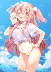  bikini blue_sky bracelet cloud cowboy_shot drink female gau_(n00_shi) hair_between_eyes hair_ornament hanamaru_chiyo hand_on_own_hip highres holding holding_drink indie_virtual_youtuber jewelry leaning_forward legs_together long_bangs long_hair looking_at_viewer navel outdoors pink_hair pom_pom_(clothes) pom_pom_hair_ornament print_shirt ring shirt short_sleeves sky solo swimsuit tied_shirt two_side_up virtual_youtuber wading water white_shirt yellow_bikini yellow_eyes 