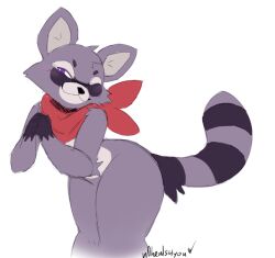  2024 anthro biped countershade_torso countershading fur indigo_park looking_at_viewer mammal mostly_nude n0heals4you one_eye_closed procyonid purple_body purple_eyes purple_fur raccoon rambley_raccoon signature simple_background smile solo tail white_background wink 