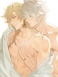  2boys ahoge alhaitham_(genshin_impact) bite_mark blonde_hair blush closed_mouth collarbone earrings genshin_impact gold_ring green_eyes grey_hair hair_between_eyes hair_over_shoulder hand_on_another&#039;s_chest hashtag-only_commentary jewelry kaveh_(genshin_impact) light_particles long_hair male_focus multiple_boys off_shoulder open_clothes open_shirt parted_bangs parted_lips pectorals red_eyes ring shirt short_hair simple_background smile somtam upper_body white_background white_shirt yaoi 