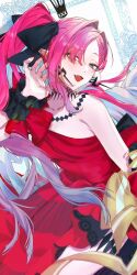  baobhan_sith_(exhibition_attire)_(fate) baobhan_sith_(fate) bare_shoulders blush breasts crown dress earrings fate/grand_order fate_(series) female grey_eyes hair_ribbon hand_up highres jewelry kawazu_don long_hair looking_at_viewer open_mouth pink_hair pointy_ears red_dress ribbon side_ponytail smile solo 