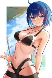  ahoge bare_shoulders beach beach_umbrella bikini black_bikini blue_eyes blue_hair blue_sky blush breasts c.i.e.l_(fate) ciel_(tsukihime) cleavage collarbone cross cross_necklace fate/grand_order fate_(series) female highres jewelry large_breasts licking_lips looking_at_viewer motokebo17 navel necklace shore short_hair sky smile solo swimsuit thighs tongue tongue_out tsukihime umbrella 