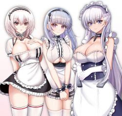  3girls anchor_choker apron azur_lane belfast_(azur_lane) black_dress black_hairband blunt_bangs braid breasts center_frills choker cleavage clothing_cutout commentary cowboy_shot dido_(azur_lane) dress earrings frilled_apron frilled_choker frills gloves gradient_background grey_hair hair_between_eyes hairband hand_on_own_chest hand_up highres jewelry lace-trimmed_hairband lace_trim large_breasts long_hair maid_headdress medium_hair multiple_girls parted_lips pink_background pink_eyes puffy_short_sleeves puffy_sleeves red_eyes short_sleeves sirius_(azur_lane) thighhighs thighs two-tone_dress underboob underboob_cutout very_long_hair white_apron white_background white_dress white_gloves white_thighhighs zeukiar 