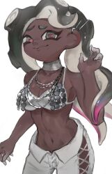  aqua_eyes bare_arms bare_shoulders bikini bikini_top_only black_hair breasts cephalopod_eyes cleavage closed_mouth collarbone cowboy_shot dark-skinned_female dark_skin earrings female furrowed_brow ga4me4 gradient_hair grey_bikini hand_up highres horizontal_pupils jewelry long_hair marina_(splatoon) medium_breasts midriff mole mole_under_mouth multicolored_hair multiple_necklaces navel neck_ring necklace octoling official_alternate_costume pants pink_hair red_pupils simple_background smile solo splatoon_(series) splatoon_3 swimsuit tentacle_hair two-tone_hair white_background white_pants 