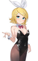  :&lt; animal_ears bare_shoulders black_leotard blonde_hair blush bow bowtie breasts brown_pantyhose cleavage covered_navel covered_nipples detached_collar embarrassed female hair_ornament hairbow hairclip highleg highleg_leotard highres kagamine_rin large_breasts leotard looking_at_viewer medium_hair pantyhose playboy_bunny rakugaki_ningen short_hair solo strapless strapless_leotard swept_bangs vocaloid white_bow wrist_cuffs yellow_nails 