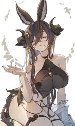  bikini black_bikini blue_nails brown_horns closed_eyes commentary_request extra_ears female galleon_(granblue_fantasy) galleon_(summer)_(granblue_fantasy) granblue_fantasy highres horns ikenotori multicolored_hair navel official_alternate_costume pointy_ears see-through solo streaked_hair swimsuit twitter_username 