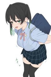  absurdres backpack bag black_bra black_hair blue_shirt blue_skirt bow bra breasts colored_tips commentary_request feet_out_of_frame female green_eyes hair_between_eyes highres ikesho0612 jitome leaning_forward light_blush looking_at_viewer love_live! love_live!_nijigasaki_high_school_idol_club medium_breasts mesugaki multicolored_hair open_mouth pleated_skirt red_bow see-through shirt simple_background skirt smug solo takasaki_yu thighhighs thighs translation_request underwear white_background zettai_ryouiki 