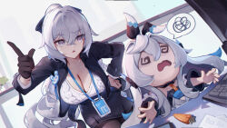  2girls @_@ animal_ears asc11 black_gloves black_pantyhose black_skirt black_vest breasts bronya_zaychik bronya_zaychik_(outstanding_attitude) bronya_zaychik_(silverwing:_n-ex) carrot cleavage computer_keyboard desk drill_hair gloves grey_eyes grey_hair grey_sweater honkai_(series) honkai_impact_3rd id_card large_breasts long_hair looking_at_another multiple_girls official_alternate_costume pantyhose pencil_skirt project_bunny rabbit_ears skirt spoken_squiggle squiggle sweater triangle_mouth twin_drills vest 