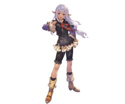  black_shirt black_shorts blue_eyes blue_gemstone boots brown_footwear crossover dark-skinned_female dark_skin elf female final_fantasy final_fantasy_xi full_body gem granblue_fantasy grey_hair long_hair official_art open_mouth pointy_ears prishe purple_sleeves shirt shorts smile solo third-party_source transparent_background 