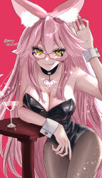  absurdres alternate_costume animal_ear_fluff animal_ears bare_shoulders black_leotard black_pantyhose breasts choker cleavage cup drinking_glass fate/grand_order fate_(series) female fox_ears glasses heart heart_choker highres koyanskaya_(fate) large_breasts leotard long_hair looking_at_viewer pantyhose pink_background pink_hair playboy_bunny skeymd solo table tamamo_(fate) twitter_username very_long_hair wine_glass wrist_cuffs yellow_eyes 