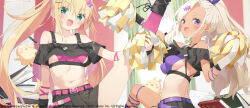  &gt;_&lt; 2girls :d albacore_(azur_lane) anger_vein animal archerfish_(azur_lane) asymmetrical_bangs azur_lane bare_shoulders belt belt_buckle bird black_footwear black_shirt black_skirt blonde_hair blush book boots breasts buckle chick closed_eyes commentary_request crop_top cross-laced_footwear forehead green_eyes grey_hair hair_between_eyes hair_ornament hair_ribbon hairclip highres kani_biimu lace-up_boots leg_up long_hair manjuu_(azur_lane) medium_breasts multiple_girls navel off-shoulder_shirt off_shoulder official_art pink_belt pink_socks pleated_skirt pom_pom_(cheerleading) purple_belt purple_eyes purple_ribbon purple_socks ribbon shirt skirt small_breasts smile socks standing standing_on_one_leg star_(symbol) star_hair_ornament star_in_eye symbol_in_eye tan twintails very_long_hair 